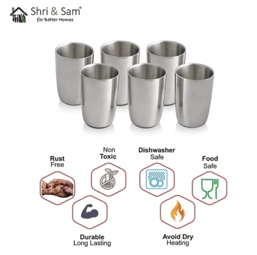 Shri & Sam High Grade Stainless Steel Nikki Glass Set Double Wall, Silver, Pack of 6 - Image 4